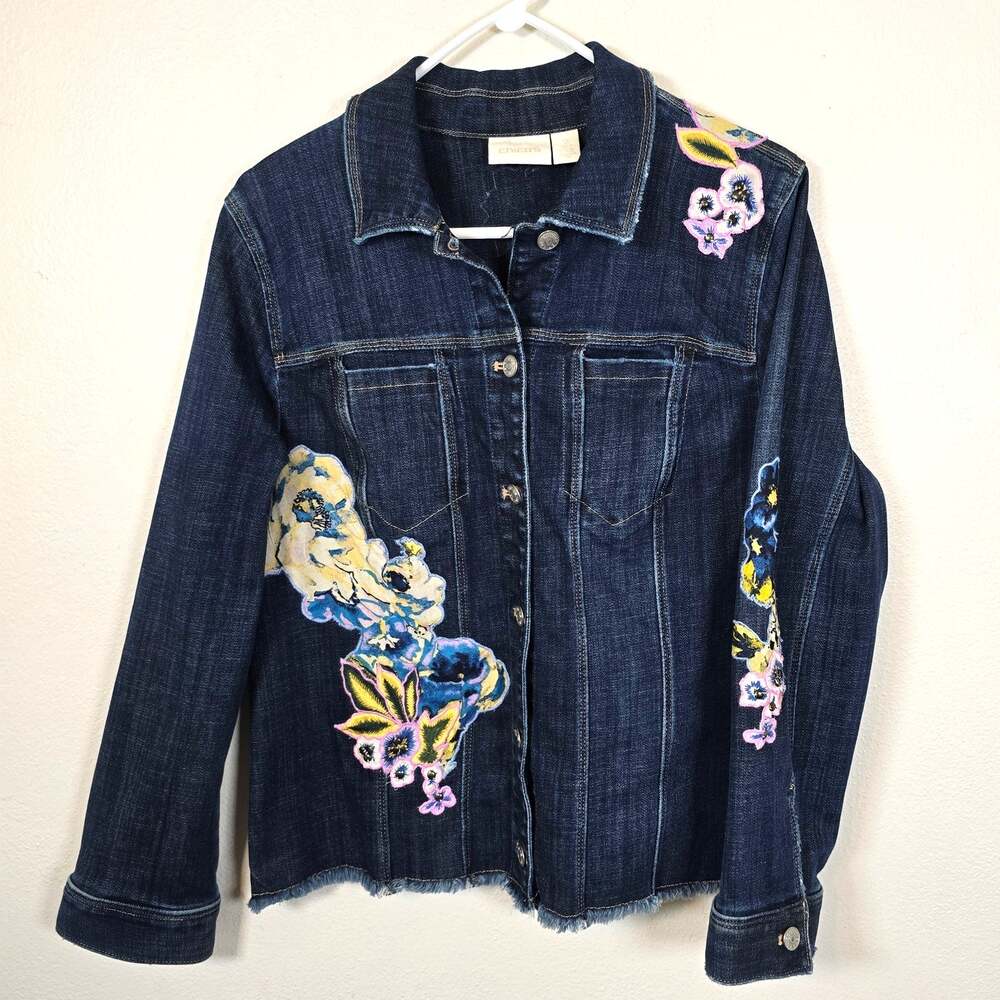 Chico's Denim Jacket Womens 2/12/Lg Floral Applique Embroidered Cottagecore Boho